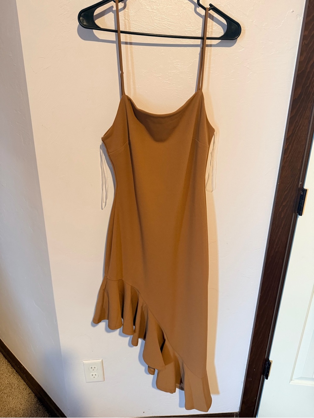 Asymmetrical Ruffle Slip Dress in Camel